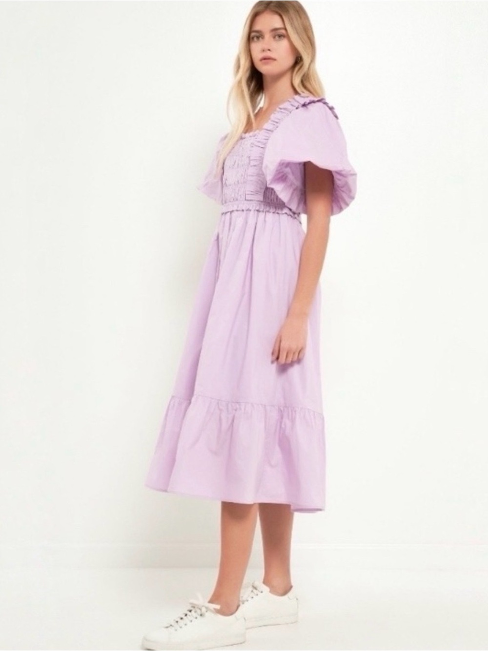 English Factory Lilac Puff-Sleeve Midi Dress